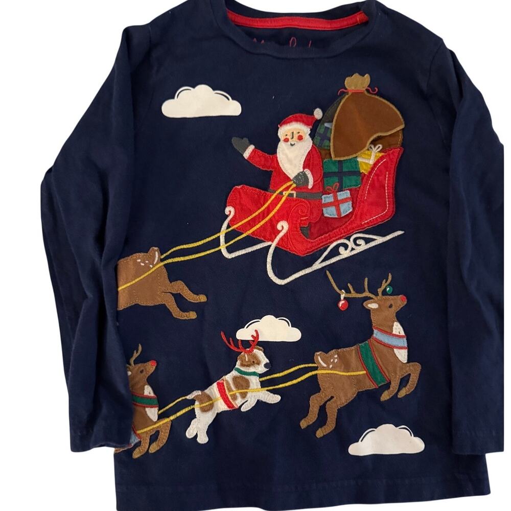 Mini Boden Navy Santa sleigh applique shirt size 5-6